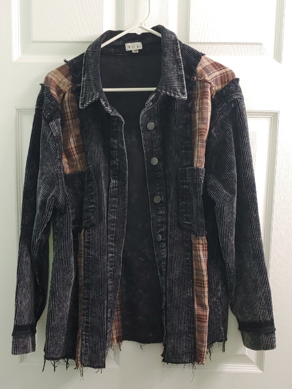 POL Jacket Black corduroy Patchwork Flannel shacket Women's Size M